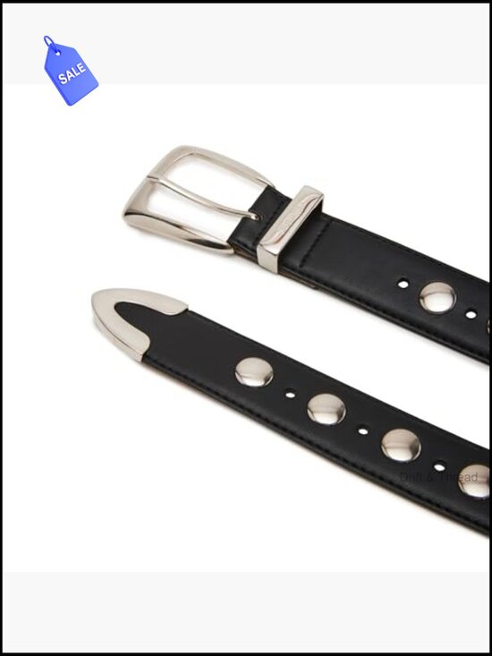 Studded Faux Leather Skinny Belt with Silver Buckle 1.33 in Wide